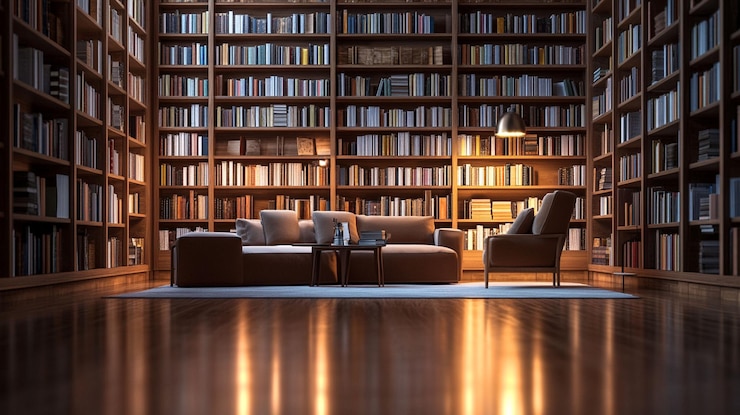 PSD interior luxuoso da biblioteca com estantes de madeira, sofá, poltrona e iluminação quente