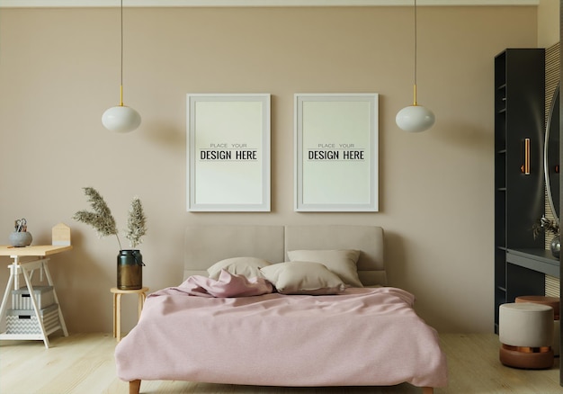 Interior de maqueta de marco de póster en un dormitorio