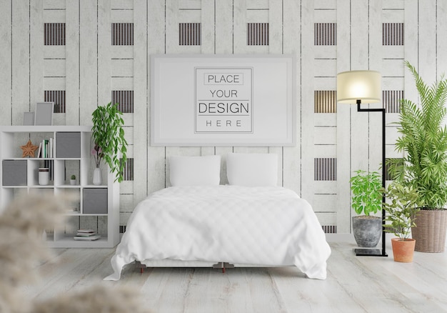 Interior de maqueta de marco de póster en un dormitorio