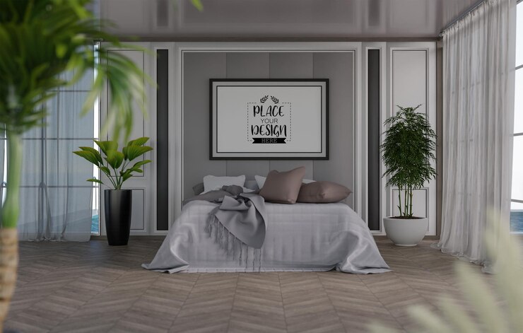 PSD interior de maqueta de marco de póster en un dormitorio