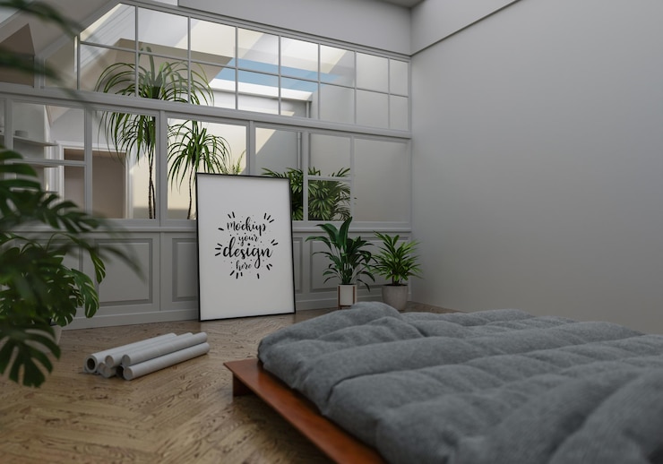 PSD interior de maqueta de marco de póster en un dormitorio
