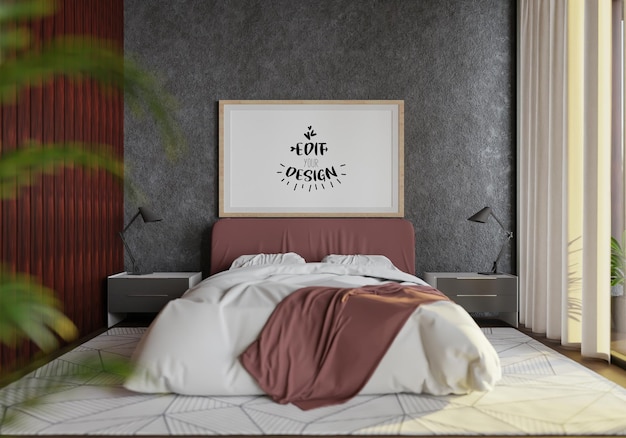 PSD interior de maqueta de marco de póster en un dormitorio