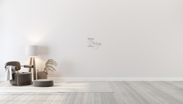 Interior minimalista de la sala de estar con sillón en pared blanca