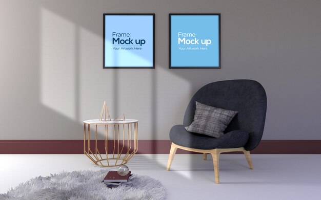Interior Modern Living Room con sedia, tavolo e cornici Mockup