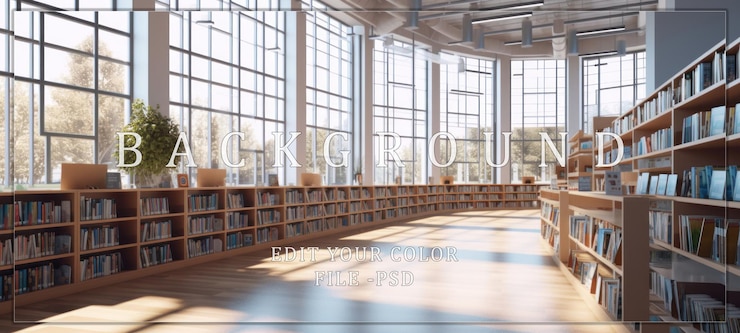 PSD interior moderno da biblioteca com prateleiras e grandes janelas