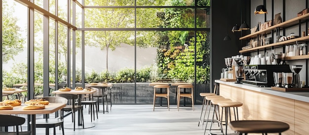 Interior moderno de café com grandes janelas