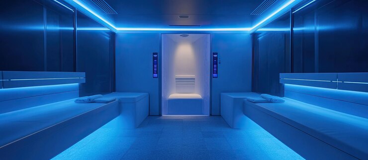 PSD interior moderno do spa com iluminação led azul