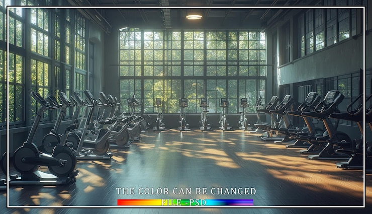 PSD interior moderno del gimnasio con bicicletas estacionarias y cintas de correr