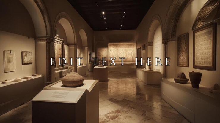 PSD el interior del museo exhibe artefactos antiguos en una sala débilmente iluminada con techos arqueados y pisos de mármol