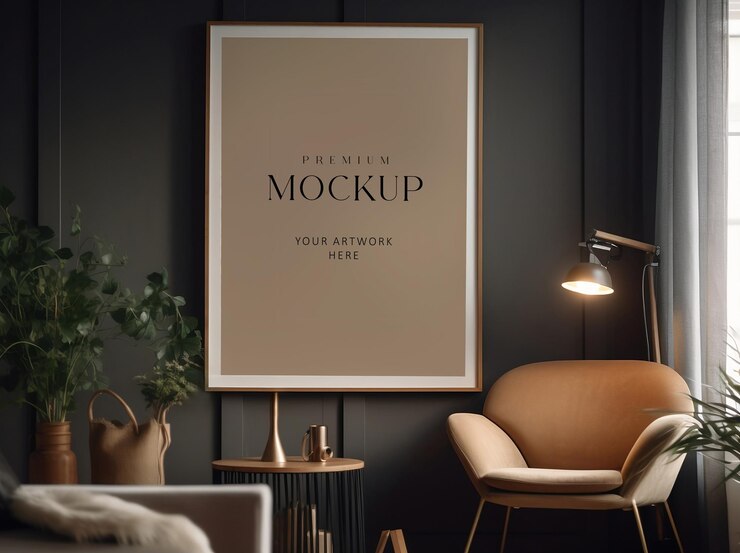 Interior oscuro y moderno con muebles cálidos y elegantes y una maqueta de marco de imagen