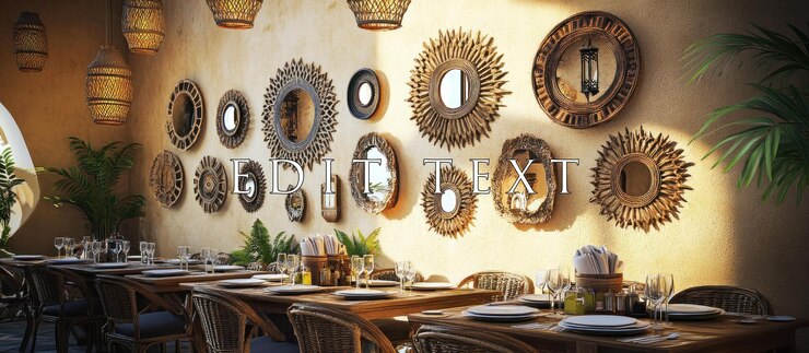 PSD interior del restaurante iluminado por el sol con muchos espejos decorativos en las mesas de madera de la pared y sillas de ratán