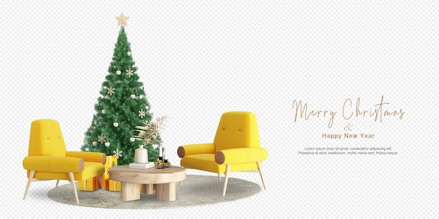 Interior de la sala de estar con árbol de Navidad y sillones amarillos y muebles de madera.