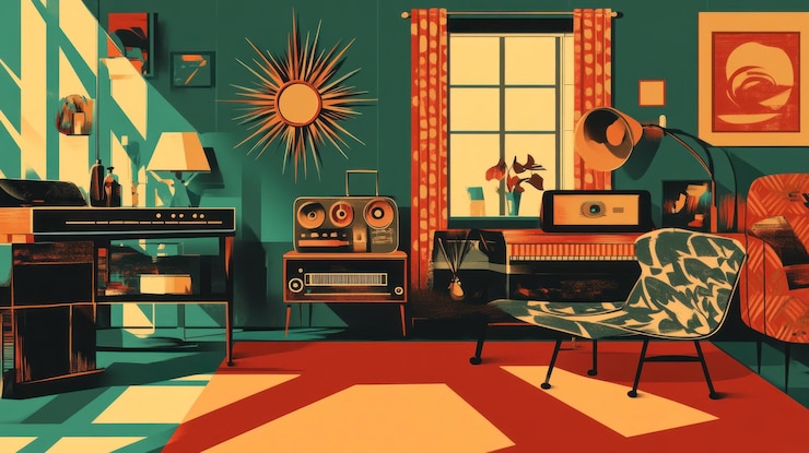 PSD interior de sala de estar moderno de mediados de siglo con muebles retro ventana iluminada por el sol y electrónica vintage