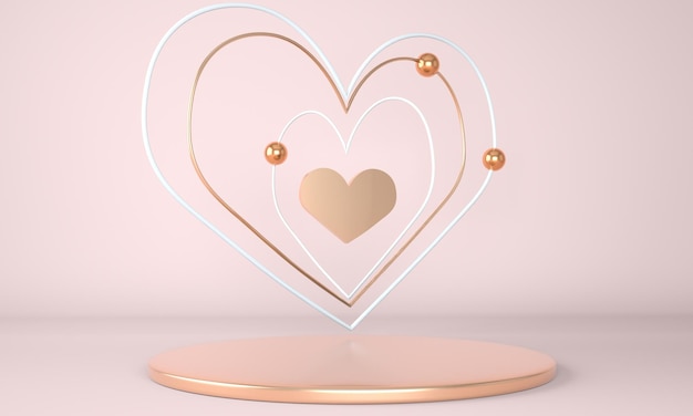 Interior de San Valentín con pedestal, corazones. Stand, podio, pedestal para mercancías. Tarjeta de felicitación de amor. Representación 3D.