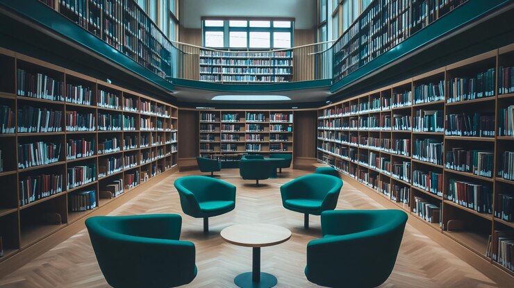 PSD interior sereno da biblioteca com poltronas azuis, estantes de madeira e pisos de madeira