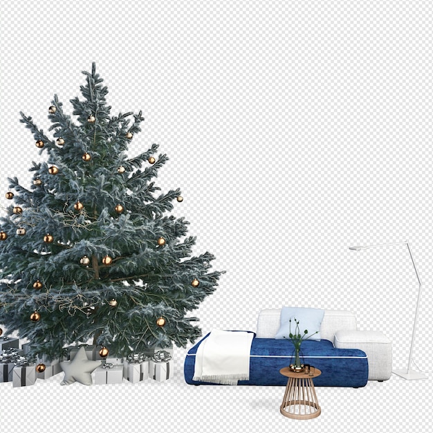 Interior con sofá y árbol de Navidad decorado