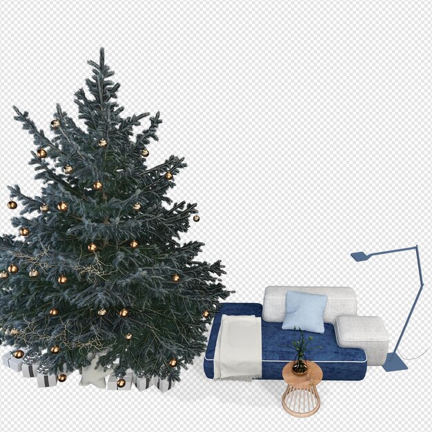Interior con sofá y árbol de Navidad decorado