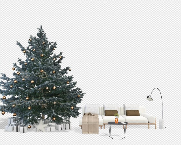Interior con sofá y árbol de Navidad decorado