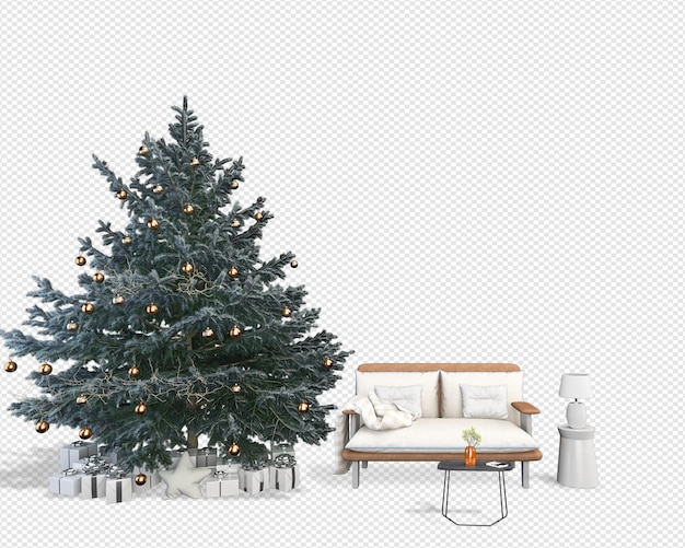 Interior con sofá y árbol de Navidad decorado