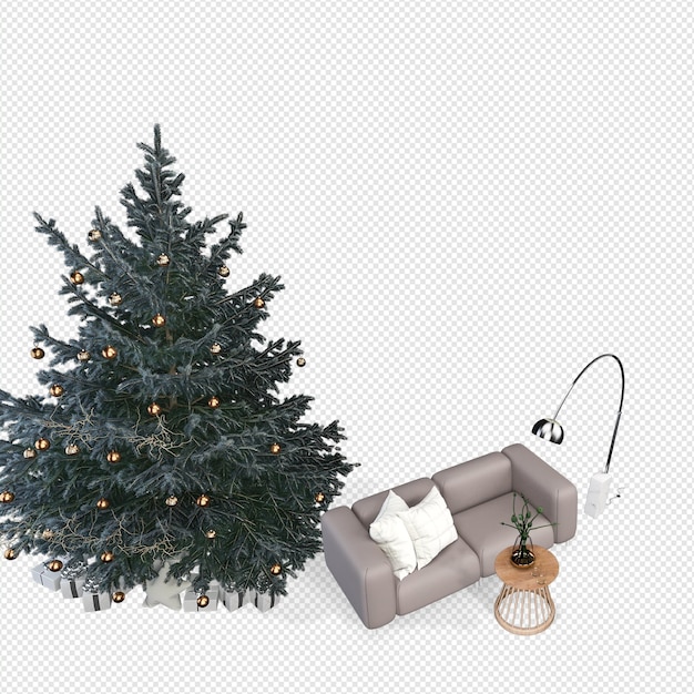 Interior con sofá y árbol de Navidad decorado