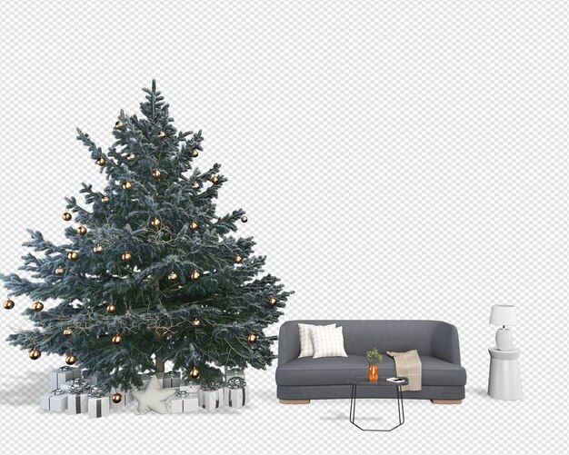 Interior con sofá y árbol de Navidad decorado