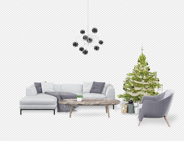 Interior con sofá y árbol de navidad decorado