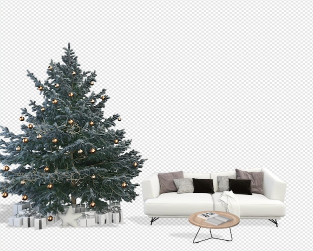 Interior con sofá y árbol de Navidad decorado