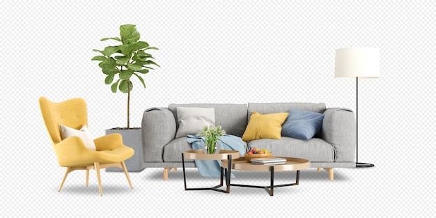 Interior con sofá y planta en render 3d