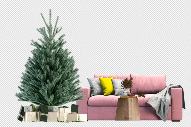 Interior with comfortable sofa and decorated christmas tree