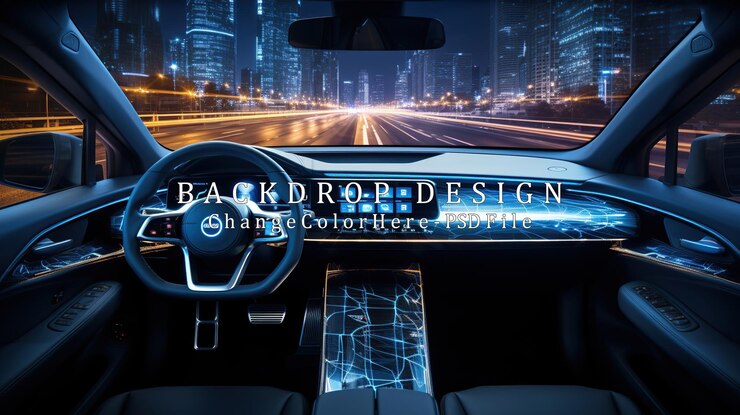 PSD interiores de automóviles futuristas con vista al horizonte de la ciudad