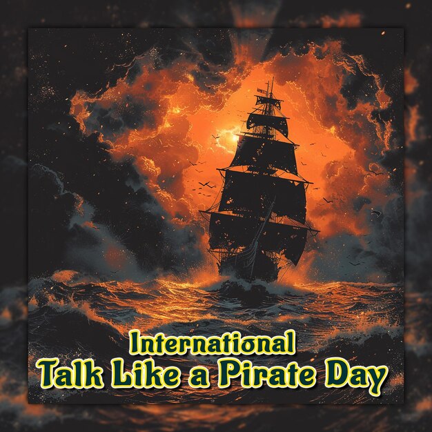 PSD international parler comme une journée de pirate avec dessin animé capitaine crochet sur la carte de chapeau de pirate de l'île