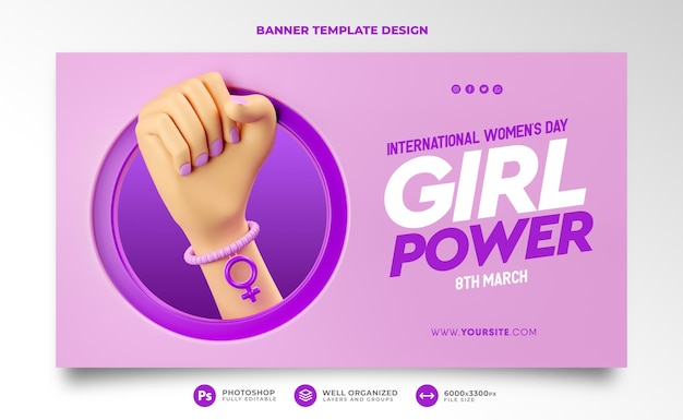 PSD internationaler frauentag banner 3d übertragen hände cartoon 8. märz mädchenpower