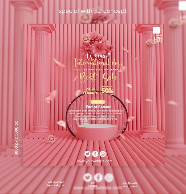 Internationaler Frauentag. social-media-banner, mit rosa blumen podium.verkaufskampagne 3d-rendering