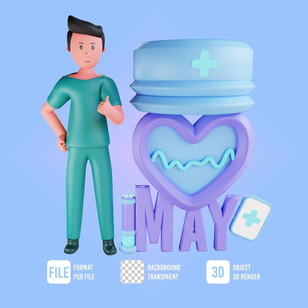 PSD internationaler krankenschwesterntag mit 3d-charakter männlicher krankenschwester illustration oke pose