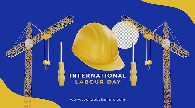 Internationaler Tag der Arbeit, 1. Mai, Banner mit 3D-Sicherheitshelm-Illustration
