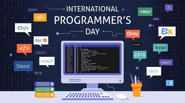 PSD internationaler tag der programmierer mit einem laptop und einem bild eines computers