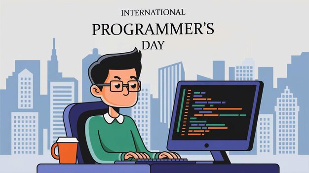 Internationaler Tag der Programmierer mit einem Mann, der an einem Computer sitzt