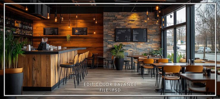 Interni di bar moderni con pareti in legno, sgabelli e tavoli da bar