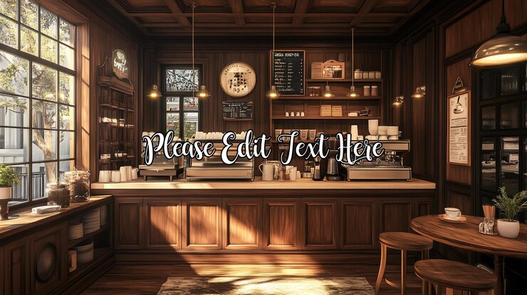 PSD interni di caffetterie rustiche illuminate dal sole con macchine da espresso, scaffali e tavoli in legno