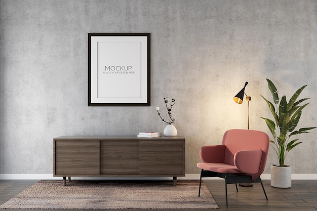 Interni minimalisti del soggiorno con mockup di telaio poltrona di design