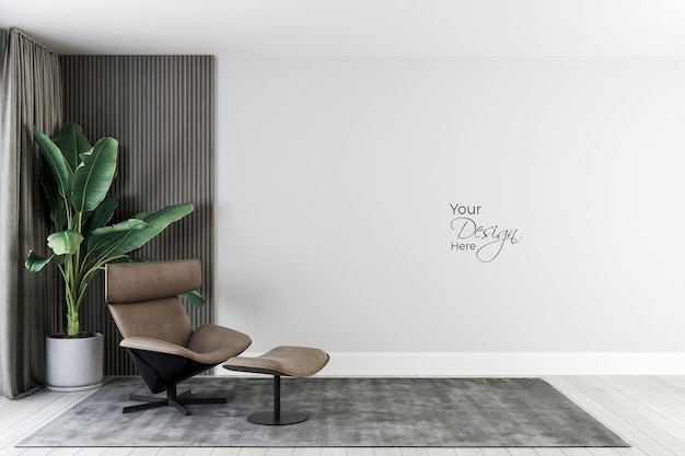 Interni minimalisti del soggiorno con poltrona e pianta su muro bianco