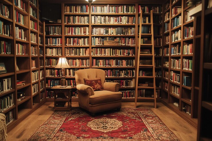 PSD interno accogliente e ben illuminato della biblioteca con scaffali in legno, una sedia da lettura e un tappeto