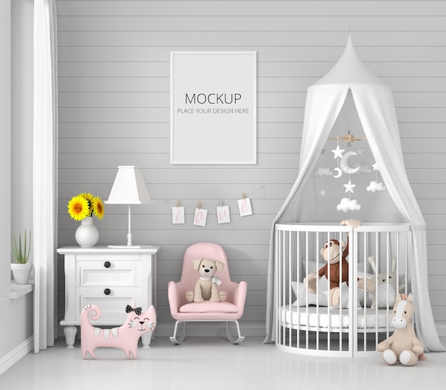 Interno camera da letto bambino grigio con mockup di telaio