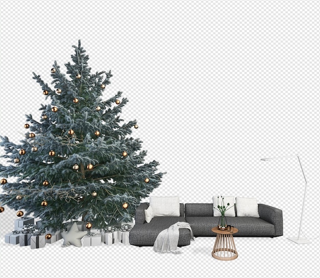 Interno con albero di natale decorato e divano