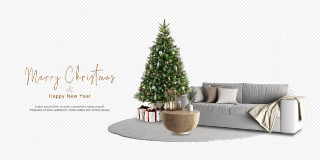 Interno con albero di natale decorato e divano