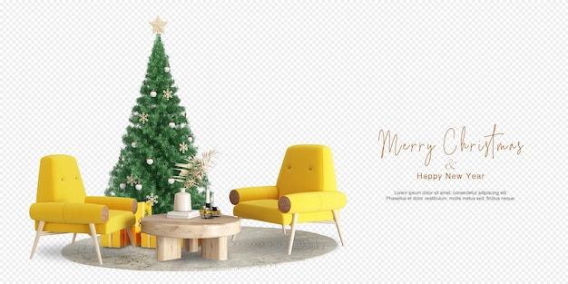 interno del soggiorno con albero di Natale e poltrone gialle e mobili in legno