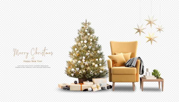 interno del soggiorno con albero di natale in rendering 3d