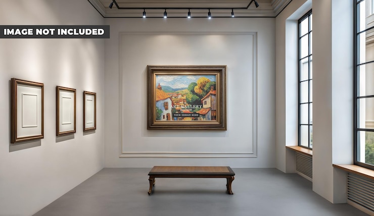 PSD interno della galleria d'arte con cornici per dipinti e una panchina