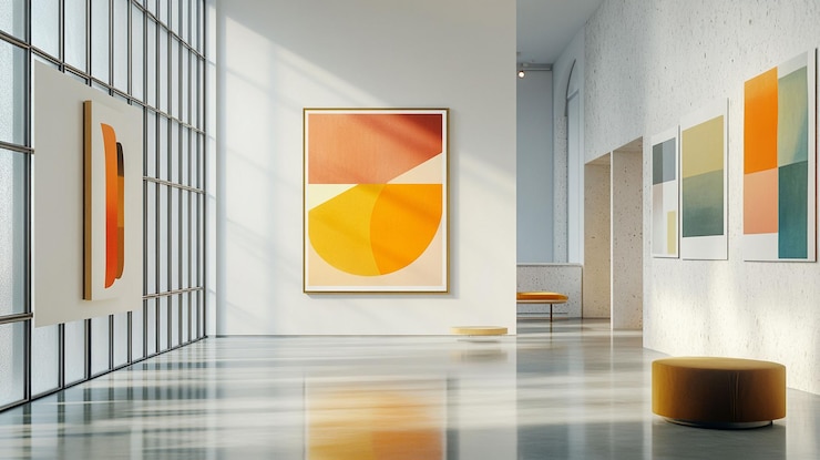 PSD interno della galleria illuminato dal sole con stampe d'arte astratta