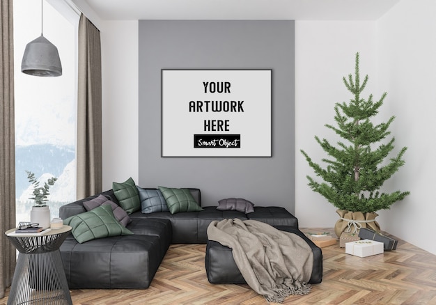 Interno di Natale con mockup di cornice orizzontale